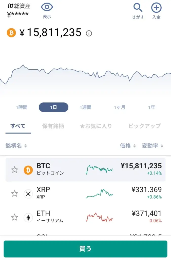 国内仮想通貨取引所で仮想通貨銘柄を購入する画面